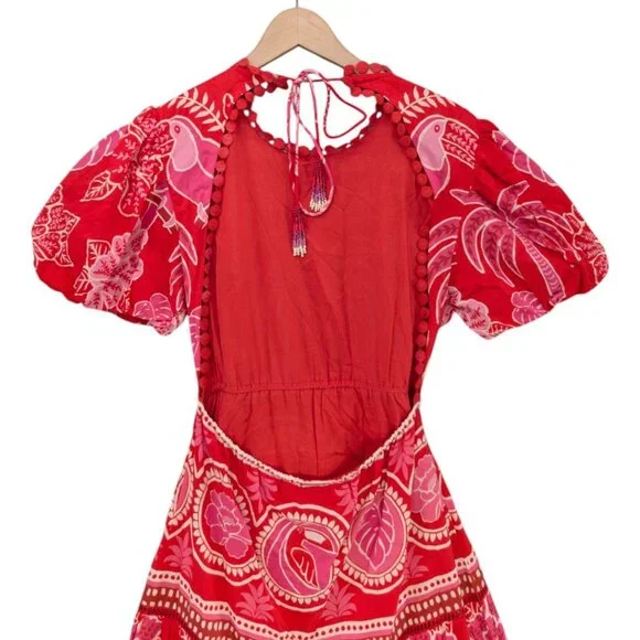 FARM Rio Summer Sunrise Midi Dress Red Short Sleeve Belted Back Cut Out Size S - Picture 4 of 13